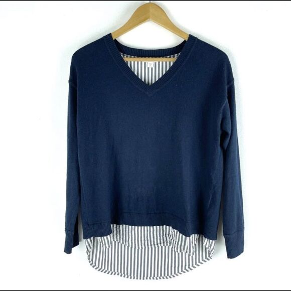 J. Jill Layered Flyaway Back V-Neck Sweater W/ Striped Shirttail Hem - Picture 1 of 5